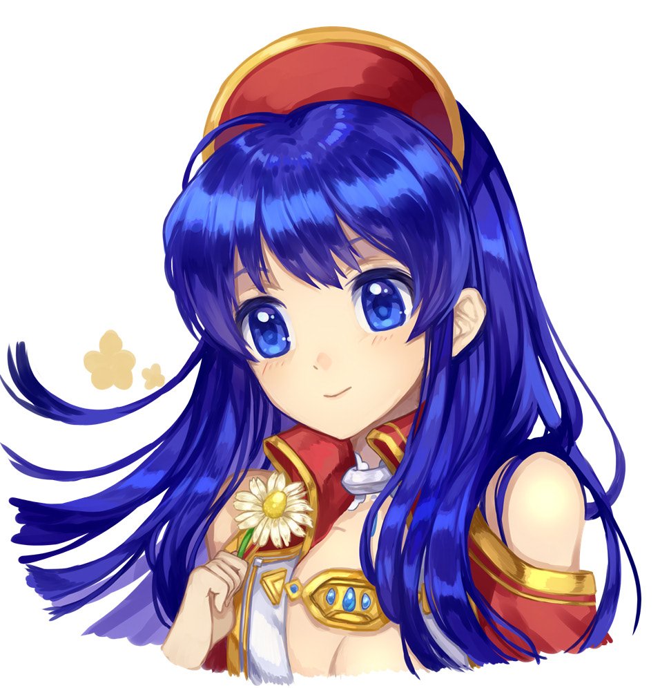 bangs bare_shoulders blue_eyes blue_hair blush closed_mouth collarbone dress fire_emblem fire_emblem:_fuuin_no_tsurugi fire_emblem_heroes flower hand_up hat head_tilt holding holding_flower jacket jurge lilina long_hair looking_at_viewer open_clothes open_jacket red_hat red_jacket simple_background smile solo upper_body white_background white_flower