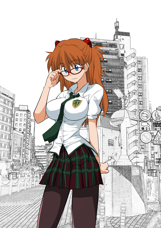 bespectacled between_breasts blue_eyes breasts brown_hair commentary_request cosplay cowboy_shot crest evangelion:_2.0_you_can_(not)_advance glasses hair_pulled_back hairpods hetano_yokozuki impossible_clothes impossible_shirt large_breasts long_hair makinami_mari_illustrious makinami_mari_illustrious_(cosplay) necktie necktie_between_breasts neon_genesis_evangelion pantyhose plaid plaid_skirt pleated_skirt rebuild_of_evangelion red-framed_eyewear school_uniform shirt skirt solo souryuu_asuka_langley standing