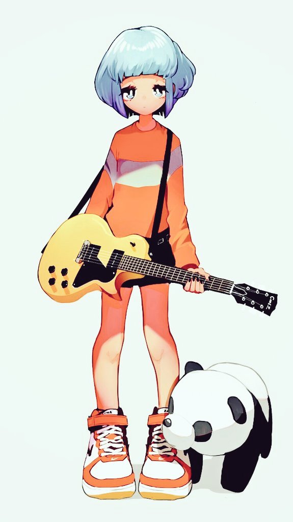 1girl blue_hair electric_guitar expressionless female full_body guitar instrument original panda shoes short_hair shorts simple_background sneakers solo standing white_background yokoshima_wakaba