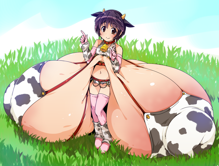animal_ears animal_print areola_slip areolae arm_warmers bangs bare_shoulders bell bell_collar blue_sky blush breasts brown_eyes brown_hair closed_mouth cloud cloudy_sky collar commentary_request convenient_censoring covered_nipples cow_bell cow_ears cow_girl cow_horns cow_print cow_tail day elbow_gloves eyebrows_visible_through_hair full_body gigantic_breasts gloves grass hands_up horns idolmaster idolmaster_cinderella_girls index_finger_raised large_areolae leg_warmers looking_at_viewer microskirt navel no_panties o-ring oikawa_shizuku on_grass outdoors pink_gloves pink_legwear print_skirt raised_eyebrows red_collar sagging_breasts semahiro short_hair skindentation skirt sky smile solo standing stomach tail thighhighs w_arms