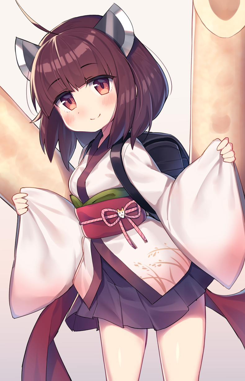 ahoge backpack bag bangs blush breasts brown_eyes brown_hair closed_mouth commentary_request eyebrows_visible_through_hair headgear highres japanese_clothes kimono leaning_forward long_sleeves obi pinching_sleeves pleated_skirt purple_skirt randoseru sash short_kimono skirt sleeves_past_wrists small_breasts smile solo standing touhoku_kiritan voiceroid wagashi928 white_kimono wide_sleeves