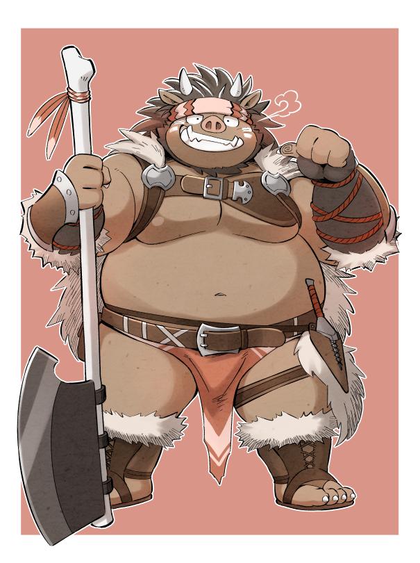 2018 anthro belly boar brown_fur clothing fur horn humanoid_hands kinoshita-jiroh loincloth male mammal moobs navel nipples overweight overweight_male porcine solo tusks weapon