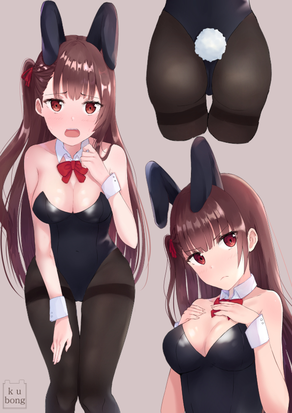 animal_ears artist_name ass bangs bare_shoulders black_leotard blush bow bowtie breasts brown_background brown_hair brown_legwear bunny_ears bunny_girl bunny_tail bunnysuit closed_mouth commentary_request covered_navel detached_collar eyebrows_visible_through_hair girls_frontline hair_ribbon hands_on_own_chest hands_up head_tilt kubong leaning_forward leotard long_hair looking_at_viewer medium_breasts multiple_views nose_blush one_side_up open_mouth pantyhose red_eyes red_neckwear red_ribbon ribbon simple_background strapless strapless_leotard tail thigh_gap thighband_pantyhose very_long_hair wa2000_(girls_frontline) white_collar wrist_cuffs
