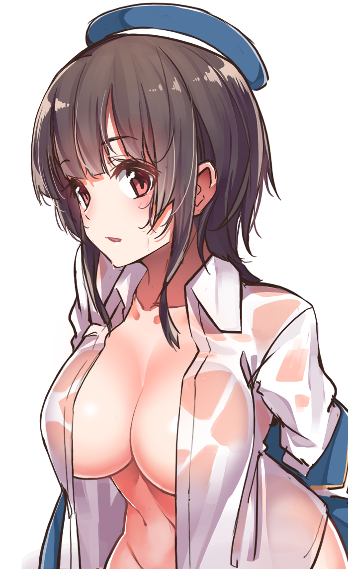 arms_behind_back bangs beret black_hair blue_hat blunt_bangs blush breasts cleavage collarbone collared_shirt dress_shirt eyebrows_visible_through_hair groin hat kantai_collection konnyaku_(kk-monmon) large_breasts long_sleeves medium_hair navel no_bra off_shoulder open_clothes open_shirt parted_lips red_eyes shirt sidelocks simple_background solo takao_(kantai_collection) undressing upper_body water_drop wet wet_clothes wet_shirt white_background white_shirt wing_collar