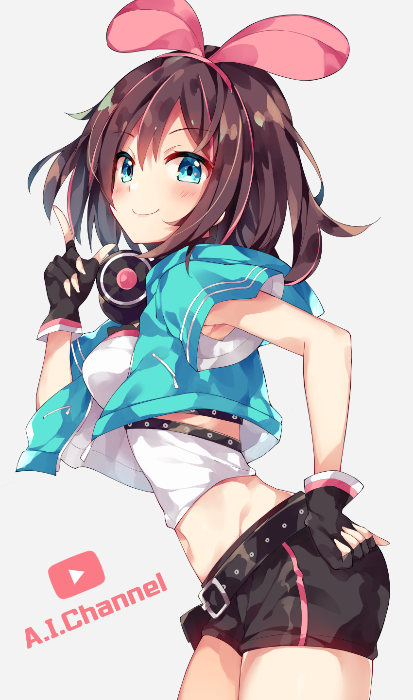 a.i._channel armpits bangs belt belt_buckle black_belt black_gloves black_shorts blue_eyes blue_jacket blush breasts brown_hair buckle closed_mouth commentary_request copyright_name cropped_jacket eyebrows_visible_through_hair fingerless_gloves gloves grey_background hair_between_eyes hair_ribbon hairband headphones headphones_around_neck highres jacket kizuna_ai looking_at_viewer looking_to_the_side medium_breasts midriff multicolored_hair navel open_clothes open_jacket pink_hair pink_hairband pink_ribbon play_button ribbon shirt short_shorts short_sleeves shorts simple_background smile solo streaked_hair unacchi_(nyusankin) virtual_youtuber white_shirt wide_sleeves