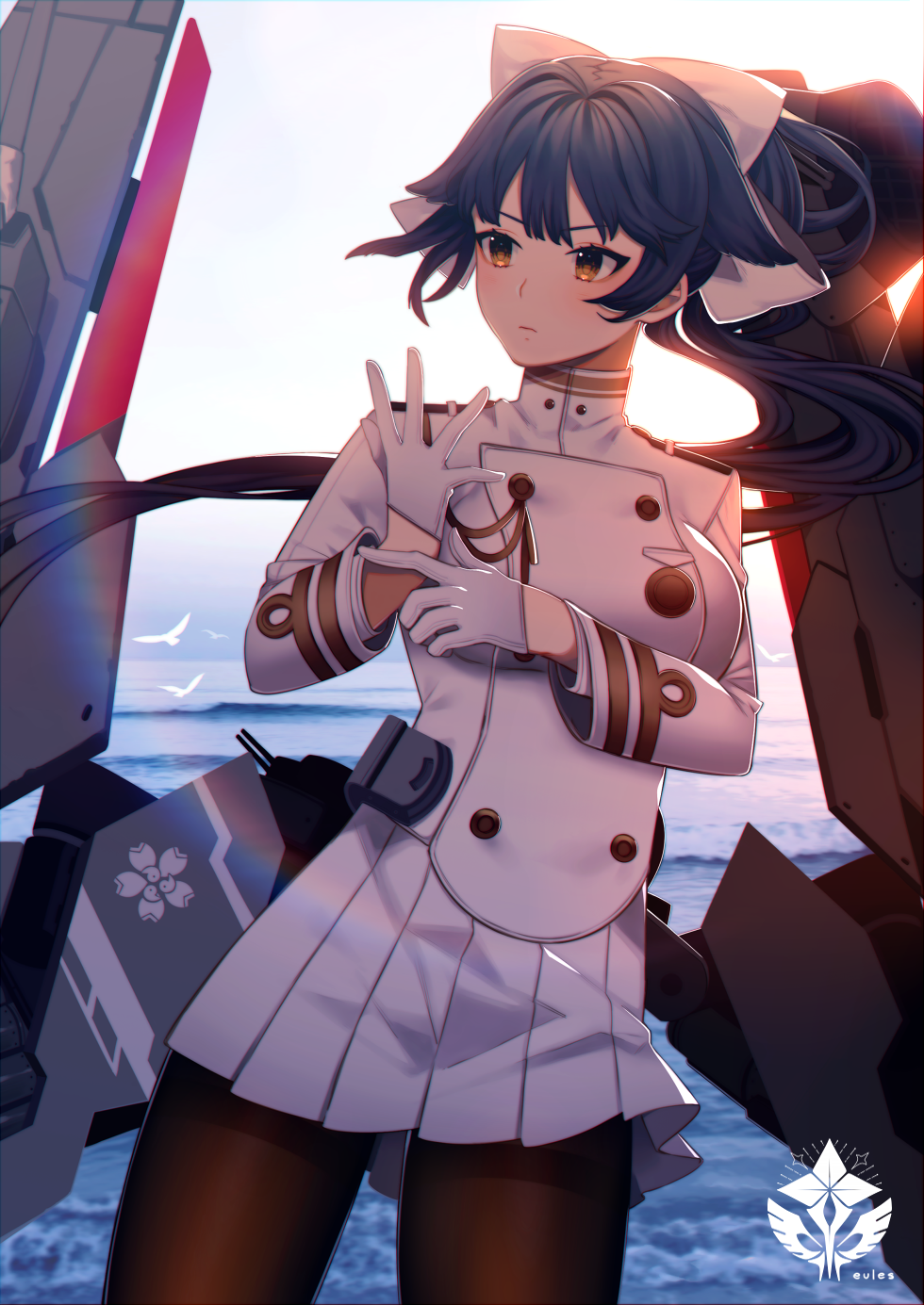 404eules adjusting_clothes adjusting_gloves aiguillette artist_name azur_lane backlighting bangs bird black_hair black_legwear blue_sky bow breasts closed_mouth commentary cowboy_shot day dress english_commentary expressionless gloves hair_bow hair_flaps halterneck highres horizon large_breasts lens_flare long_sleeves looking_away military military_uniform miniskirt ocean outdoors pantyhose pleated_skirt ponytail ribbon seagull signature skirt sky solo standing sun sunlight takao_(azur_lane) thighband_pantyhose uniform water white_bow white_dress white_gloves white_ribbon white_skirt yellow_eyes