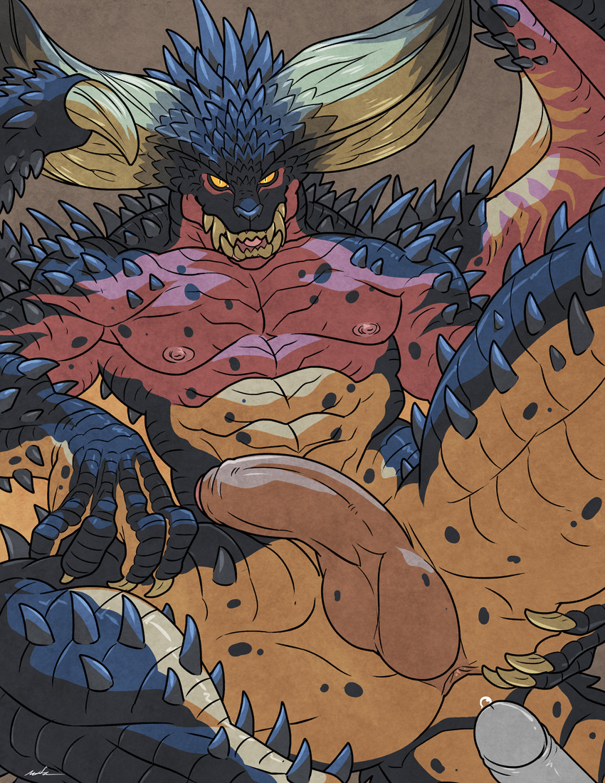 abs anthro anus balls big_horns capcom custapple disembodied_penis dragon frown half-erect high-angle_view horn humanoid_penis imminent_sex looking_at_viewer lying male male/male monster_hunter monster_hunter_world muscular muscular_male nergigante nipples on_back open_mouth pecs penis precum red_scales scales solo spines spreading tan_scales teeth video_games wfa wings yellow_eyes