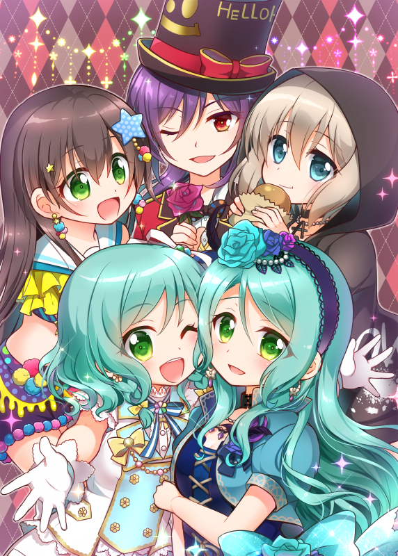 :d ;d aoba_moka aqua_eyes aqua_hair argyle argyle_background bang_dream! black_choker black_hair black_jacket blue_flower blue_neckwear blue_rose bow bread choker clothes_writing commentary_request crop_top cropped_jacket cross-laced_clothes double-breasted earrings eyebrows_visible_through_hair flower food frills gloves gold_trim green_eyes grey_hair hair_bow hair_flower hair_ornament hairband hanazono_tae hand_on_own_arm hat hat_ribbon headwear_writing hikawa_hina hikawa_sayo holding holding_flower holding_food hood hood_up hooded_jacket jacket jewelry long_hair looking_at_viewer multiple_girls neck_ribbon necklace one_eye_closed open_mouth ousawa_kanata pendant pom_pom_(clothes) ponytail purple_hair red_eyes red_ribbon ribbon rose sailor_collar seta_kaoru short_hair short_sleeves shorts side_braids smile sparkle star star_hair_ornament striped striped_neckwear top_hat upper_teeth white_gloves yellow_bow