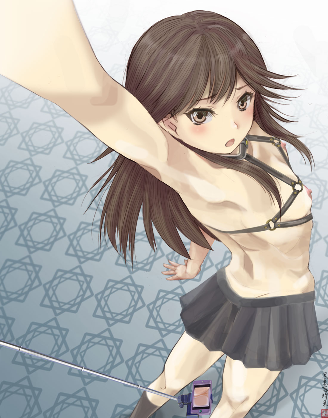 arashio_(kantai_collection) areolae arm_up armpits bangs black_legwear blush breasts brown_eyes brown_hair cellphone cleft_of_venus commentary_request d: eyebrows_visible_through_hair eyelashes from_behind furrowed_eyebrows grey_skirt highres kantai_collection kurorichin long_hair looking_at_viewer looking_back miniskirt nipples no_panties o-ring open_mouth outstretched_arm phone pleated_skirt pussy self_shot selfie_stick skirt small_breasts smartphone smartphone_case solo standing topless twisted_torso upskirt