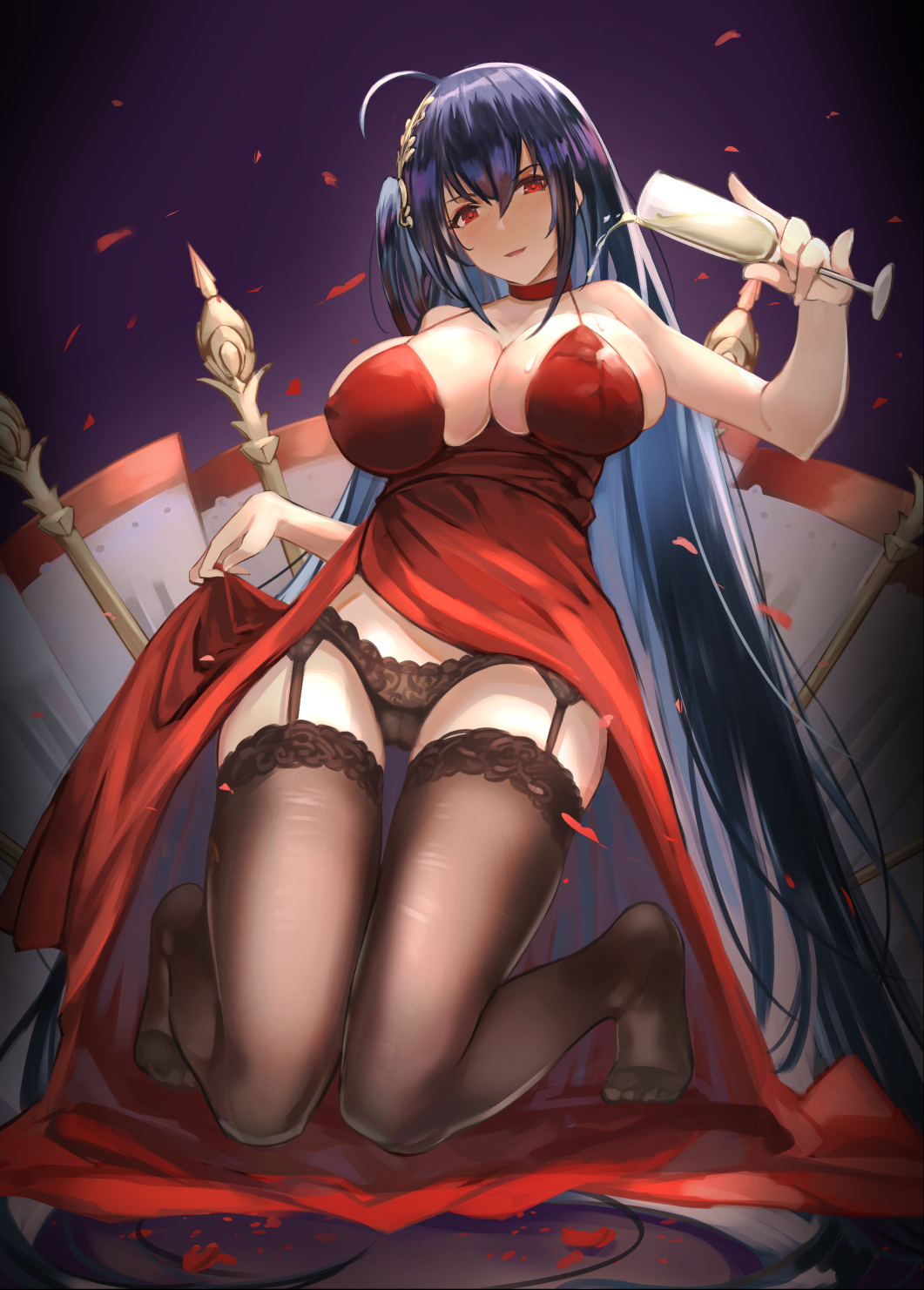 ahoge alcohol alternate_costume azur_lane bangs bare_shoulders black_hair black_panties blush breasts cameltoe champagne champagne_flute choker cleavage cocktail_dress collarbone commentary_request covered_nipples cup dress dress_lift drinking_glass eyebrows_visible_through_hair garter_straps hair_between_eyes hair_ornament head_tilt highres holding holding_cup huge_breasts kakumayu kneeling lace lace-trimmed_legwear lace_panties large_breasts lifted_by_self long_hair looking_at_viewer no_shoes one_side_up open_mouth panties petals pinky_out pouring red_choker red_dress red_eyes ribbon sidelocks skindentation smile solo taihou_(azur_lane) thighhighs thighs underwear very_long_hair