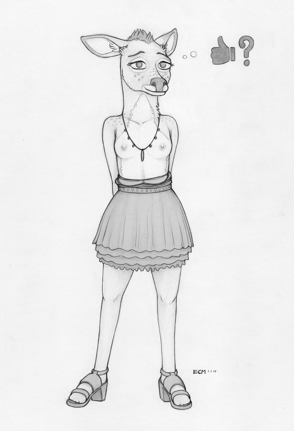 ? anthro areola bojack_horseman breasts cervine clothed clothing ecmajor eyelashes female footwear full-length_portrait fur greyscale hair high_heels jewelry looking_at_viewer mammal monochrome necklace nipples penny_carson portrait shoes simple_background skirt small_breasts smile solo standing teenager topless traditional_media_(artwork) white_background young