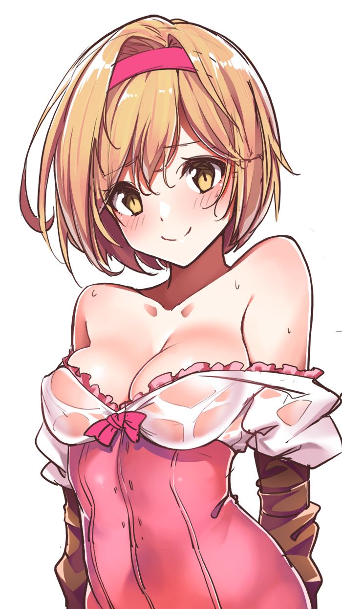 bangs bare_shoulders blonde_hair blush bow breasts brown_gloves cleavage closed_mouth collarbone corset djeeta_(granblue_fantasy) elbow_gloves eyebrows_visible_through_hair frills gloves granblue_fantasy hairband highres konnyaku_(kk-monmon) looking_at_viewer medium_breasts off_shoulder pink_bow pink_hairband see-through short_hair smile solo upper_body water_drop wet wet_clothes yellow_eyes
