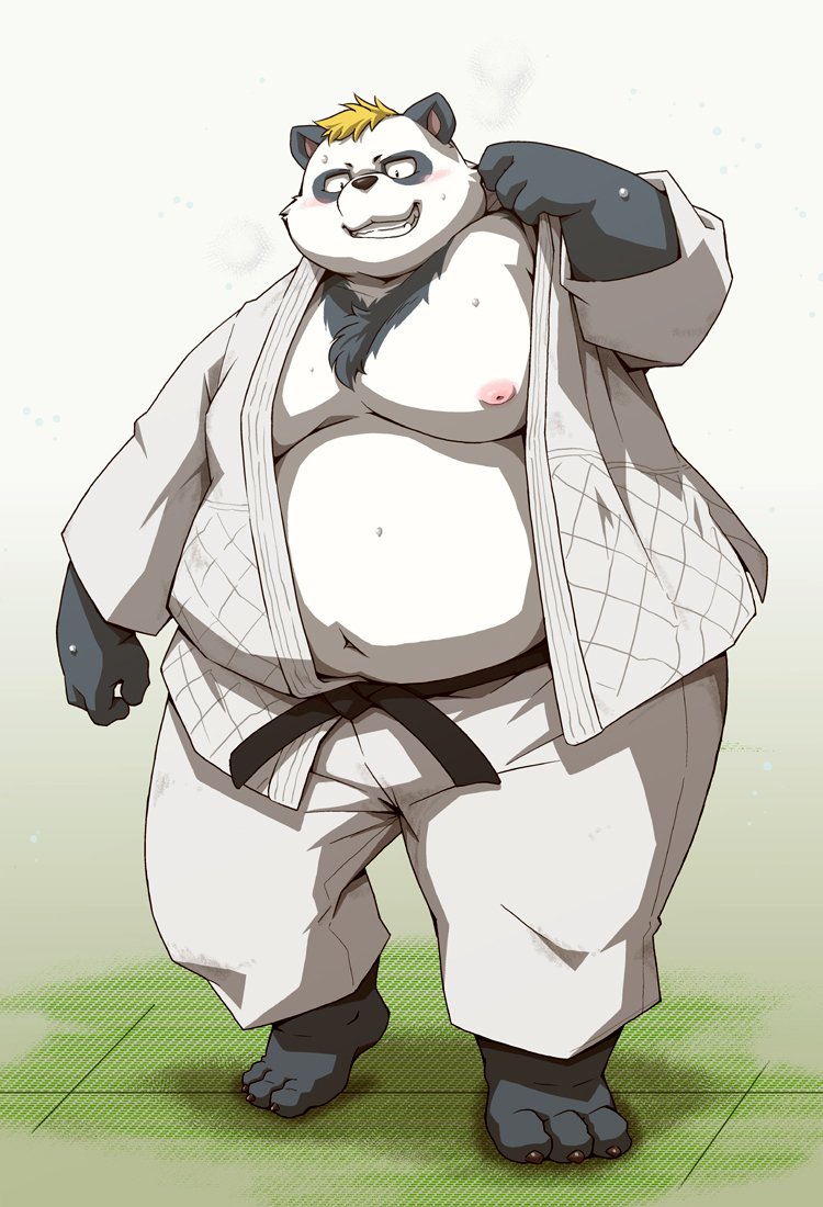 2018 anthro bear belly blush clothed clothing humanoid_hands male mammal moobs navel nipples overweight overweight_male panda pants solo takaki_takashi