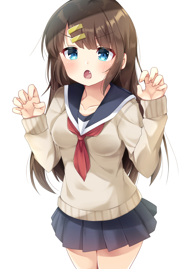 bangs blue_eyes blue_sailor_collar blue_skirt blush breasts brown_hair brown_sweater claw_pose commentary_request eyebrows_visible_through_hair fang fujikura_ryuune hair_between_eyes hair_ornament hairclip hands_up long_hair long_sleeves neckerchief open_mouth original pleated_skirt red_neckwear sailor_collar school_uniform serafuku simple_background skirt sleeves_past_wrists small_breasts solo sweater v-shaped_eyebrows very_long_hair white_background