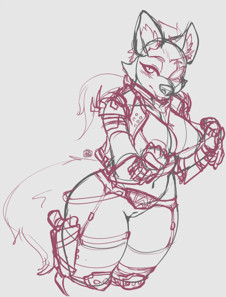 2018 anthro armor avante92 breasts canine clothing crossgender female mammal nintendo pussy ranged_weapon sketch solo star_fox video_games weapon wolf wolf_o'donnell