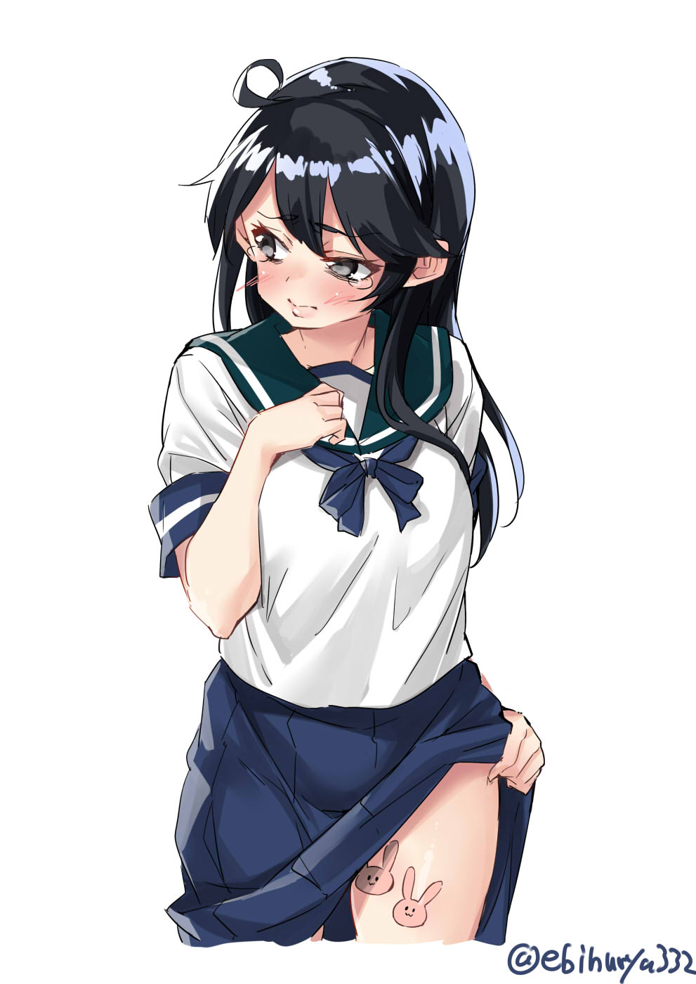 ahoge black_hair blue_sailor_collar blue_skirt brown_eyes bunny commentary_request cowboy_shot ebifurya highres kantai_collection lifted_by_self long_hair looking_to_the_side pleated_skirt sailor_collar school_uniform serafuku simple_background skirt skirt_lift solo tattoo twitter_username ushio_(kantai_collection) white_background