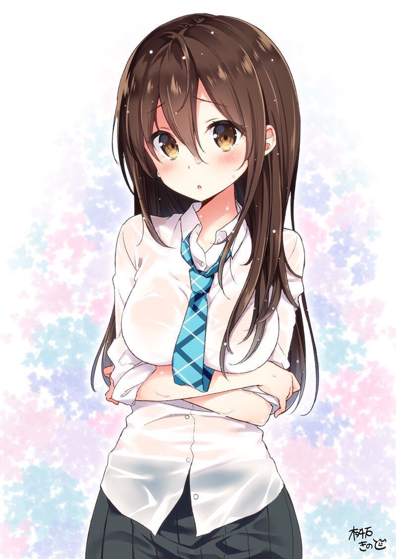 :o arms_under_breasts bangs black_skirt blue_neckwear blush breast_hold breasts brown_eyes brown_hair buttons collared_shirt commentary_request cowboy_shot crossed_arms dress_shirt eyebrows_visible_through_hair hair_between_eyes head_tilt large_breasts long_hair long_sleeves looking_at_viewer masuishi_kinoto necktie no_bra open_mouth original parted_lips plaid plaid_neckwear pleated_skirt school_uniform see-through shirt skirt sleeves_past_elbows sleeves_pushed_up solo standing tareme upper_body wet wet_clothes wet_shirt wing_collar
