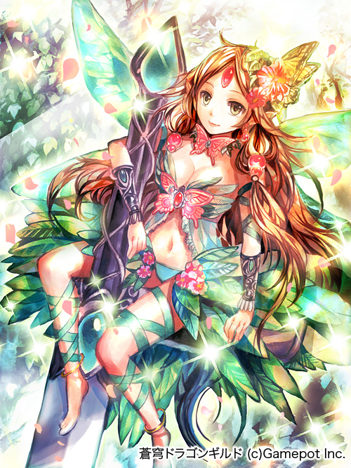 anklet arm_ribbon bangs blonde_hair blue_panties blue_ribbon breasts brown_eyes bug butterfly butterfly_hair_ornament butterfly_wings cherry_blossoms cleavage copyright_name flower forehead_jewel gem hair_flower hair_ornament insect jewelry leg_ribbon long_hair medium_breasts midriff navel official_art panties parted_bangs pointy_ears ribbon rioka_(southern_blue_sky) sitting smile solo soukyuu_dragon_guild sparkle stomach underwear very_long_hair wings