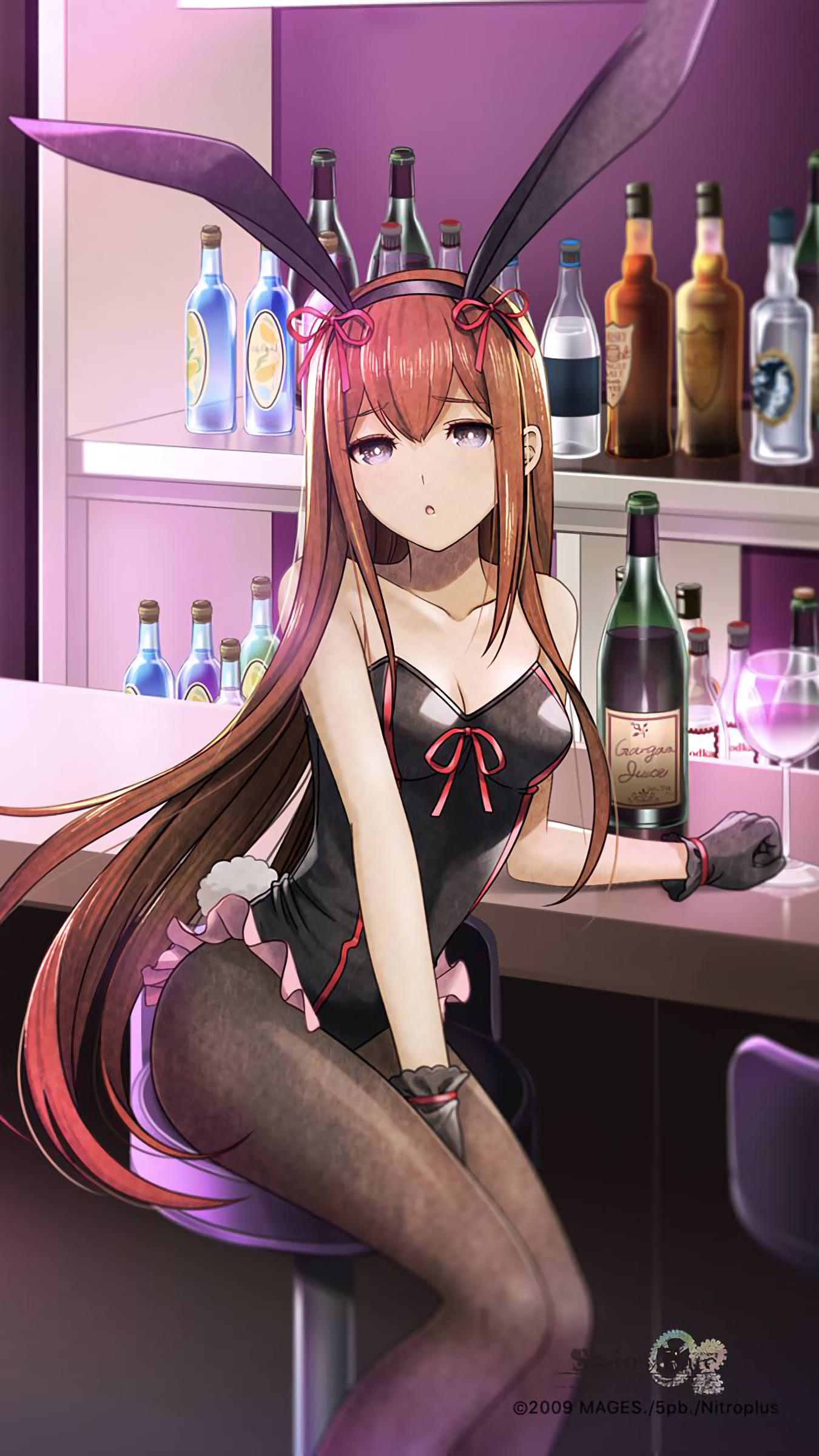 absurdres alternate_costume animal_ears bar_stool bare_shoulders between_legs black_gloves black_legwear bottle breasts brown_hair bunny_ears bunny_tail bunnysuit cleavage collarbone copyright_name counter cup drinking_glass gloves hand_between_legs highres huke long_hair looking_at_viewer makise_kurisu medium_breasts official_art open_mouth pantyhose shelf silver_eyes sitting solo steins;gate stool straight_hair tail watermark wine_bottle wine_glass