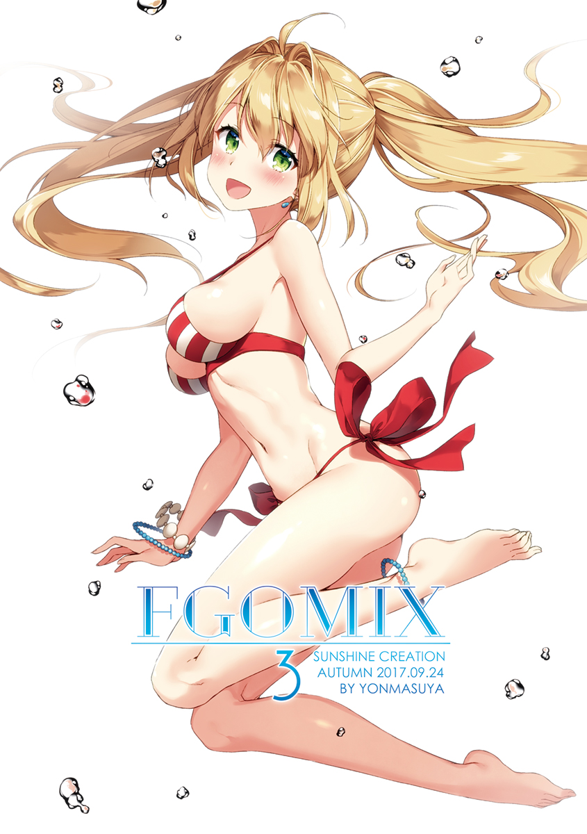 :d ahoge anklet ass bangs bare_arms bare_legs bare_shoulders barefoot bead_bracelet beads bikini blonde_hair blush bracelet breasts commentary_request cover cover_page earrings eyebrows_visible_through_hair fate/grand_order fate_(series) floating_hair full_body green_eyes hair_between_eyes hair_intakes halter_top halterneck hand_up head_tilt highres jewelry long_hair looking_at_viewer looking_to_the_side masuishi_kinoto medium_breasts navel nero_claudius_(fate)_(all) nero_claudius_(swimsuit_caster)_(fate) open_mouth plantar_flexion red_bikini sideboob sidelocks simple_background smile solo striped striped_bikini swimsuit twintails very_long_hair water_drop white_background white_bikini