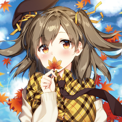 autumn_leaves bangs beret blue_sky blush brown_eyes brown_hair brown_hat cardigan closed_mouth cloud cloudy_sky commentary_request day dress_shirt eyebrows_visible_through_hair hair_between_eyes hair_ribbon hat head_tilt holding holding_leaf leaf looking_at_viewer lowres maple_leaf masuishi_kinoto necktie off_shoulder open_cardigan open_clothes original outdoors plaid plaid_shirt ribbon shirt sky smile solo two_side_up white_cardigan yellow_ribbon yellow_shirt
