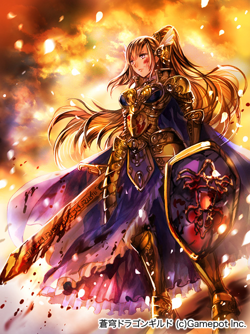 armor armored_boots blonde_hair blood blood_on_face bloody_clothes bloody_weapon blue_skirt boots copyright_name expressionless floating_hair frilled_skirt frills full_body grey_eyes high_ponytail holding holding_shield holding_sword holding_weapon long_hair long_skirt looking_away official_art petals rioka_(southern_blue_sky) shield skirt solo soukyuu_dragon_guild standing sword very_long_hair weapon