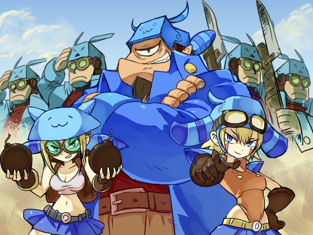 5boys ammo_baron backpack bag bandana bayonet blonde_hair blue_eyes blue_jacket blue_skirt bomb bow breasts brown_gloves cleavage commentary_request crop_top crossed_arms cyclops dual_wielding facial_hair fingerless_gloves gloves goatee goggles goggles_on_headwear gun height_difference helmet holding jacket leotard medium_breasts midriff miniskirt multiple_boys multiple_girls navel omaesan_(camp-192) one-eyed pants pointing pointing_at_viewer red_eyes salute shantae:_half-genie_hero shantae_(series) shantae_and_the_pirate's_curse short_hair shoulder_pads skirt soldier stomach tank_top tsurime twintails twitch_(shantae) vinegar_(shantae) weapon