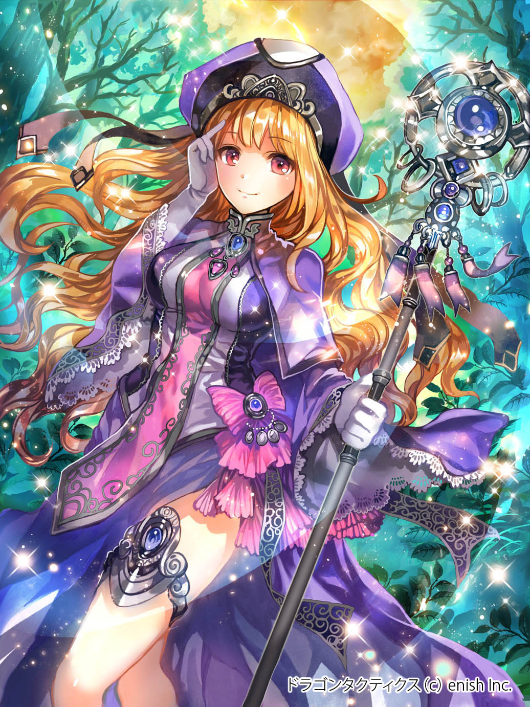 armlet blonde_hair bow copyright_name dragon_tactics dress eyebrows_visible_through_hair floating_hair gem gloves grey_gloves hat highres holding holding_staff long_hair looking_at_viewer moon official_art pink_bow red_eyes rioka_(southern_blue_sky) shiny shiny_hair side_slit smile sparkle staff very_long_hair