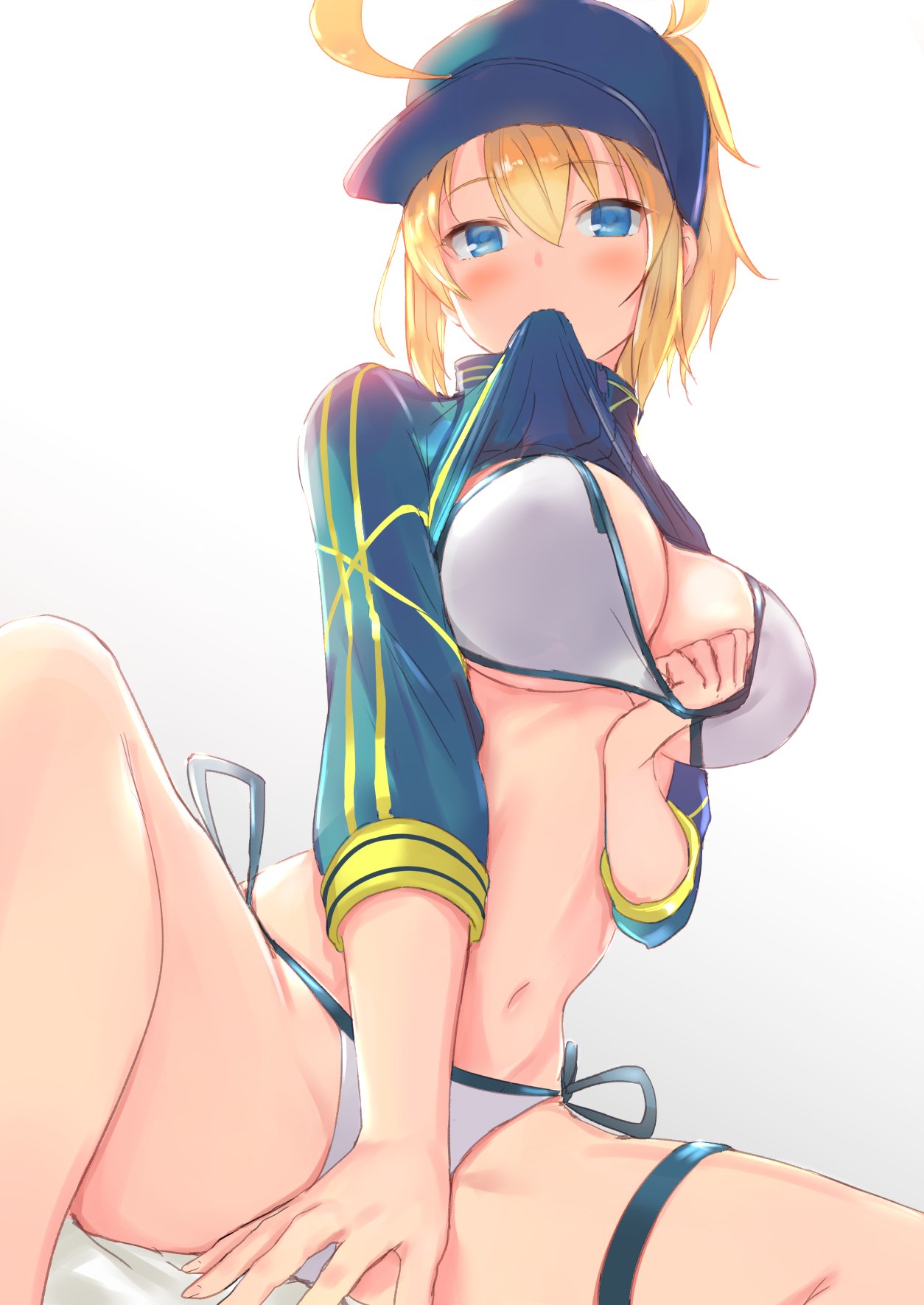 ahoge artoria_pendragon_(all) between_legs bikini blonde_hair blue_eyes blush breasts cleavage commentary covering covering_crotch eyebrows_visible_through_hair fate/grand_order fate_(series) hair_between_eyes hand_between_legs hand_under_clothes hand_under_swimsuit hat highres large_breasts leg_ribbon legs looking_at_viewer mouth_hold mysterious_heroine_xx_(foreigner) navel nishin_(nsn_0822) ribbon shrug_(clothing) side-tie_bikini simple_background sitting sketch solo spread_legs stomach swimsuit thighs white_background white_bikini