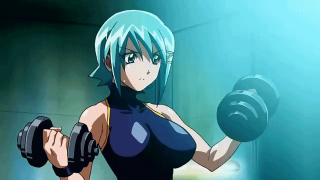 animated animated_gif bouncing_breasts breasts divergence_eve dumbbell exercise green_hair kiri_marialate large_breasts muscle purple_eyes weightlifting