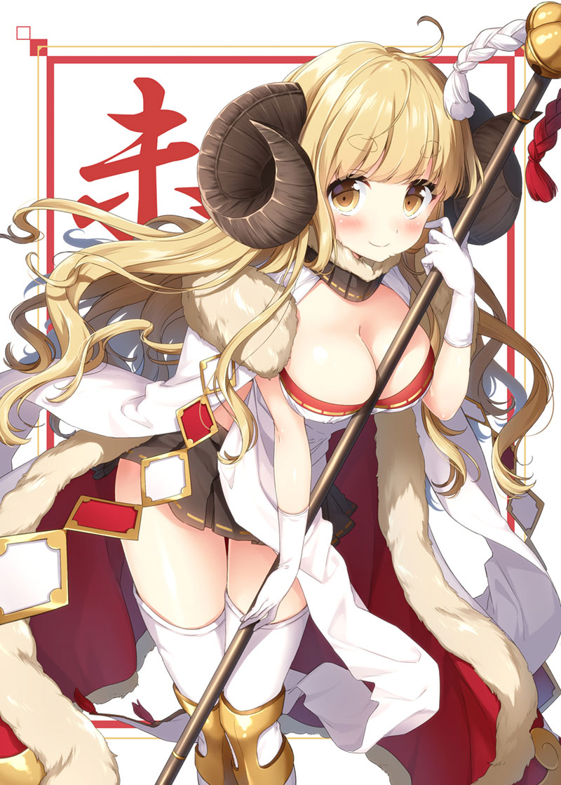 ahoge anila_(granblue_fantasy) bangs between_breasts black_skirt blonde_hair blush breasts brown_eyes brown_horns cleavage closed_mouth curled_horns curly_hair draph dress eyebrows_visible_through_hair feet_out_of_frame gloves gold_trim granblue_fantasy horns leaning_forward legs_together long_hair looking_at_viewer masuishi_kinoto medium_breasts multicolored multicolored_cloak outside_border pelvic_curtain pleated_skirt red_cloak sheep_horns short_eyebrows skirt smile solo standing thick_eyebrows thighhighs very_long_hair white_background white_dress white_gloves white_legwear