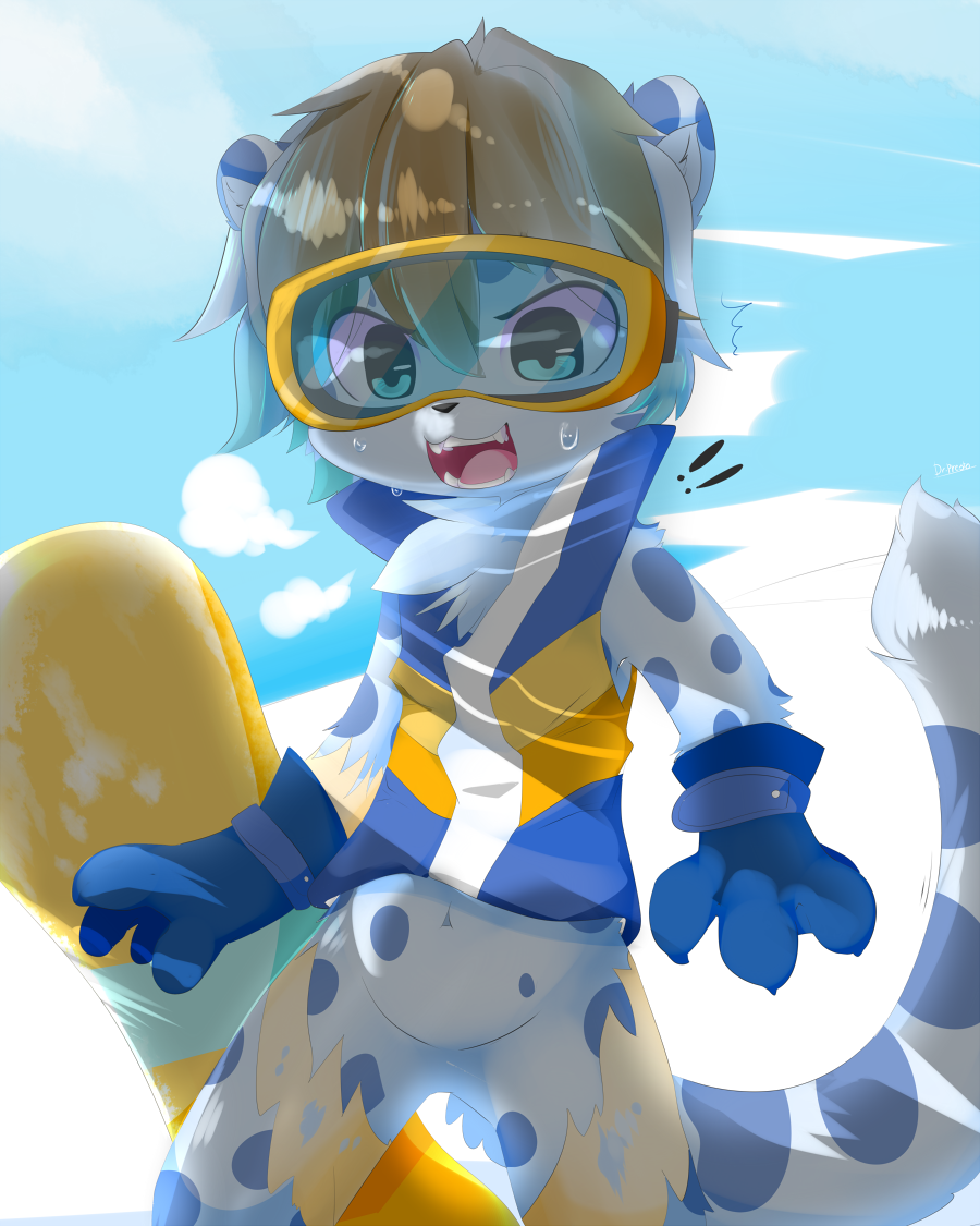 bottomless clothed clothing cub cute eyewear featureless_crotch feline gloves leopard mammal navel ollie open_mouth presto_(artist) snow_leopard snowboard sweat young