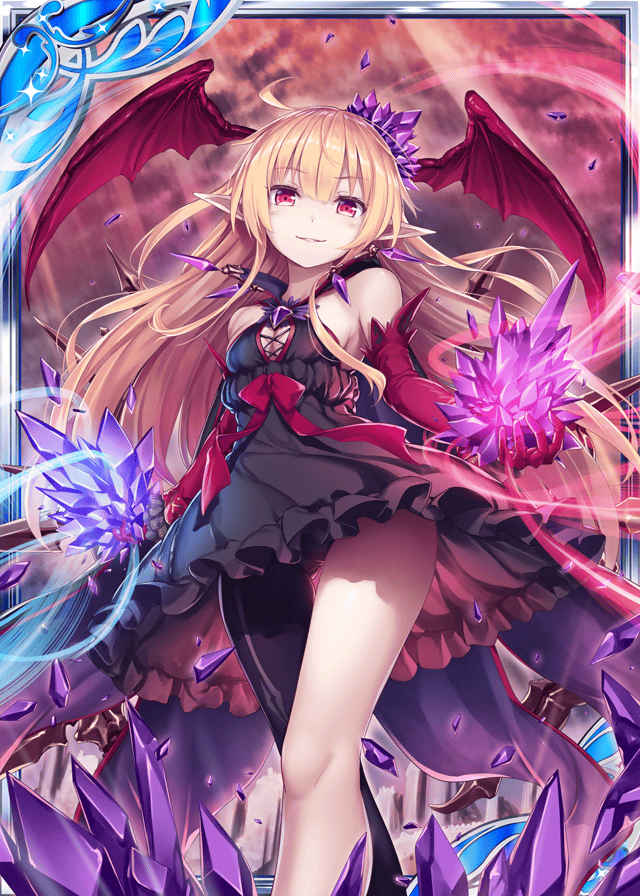 akkijin bare_shoulders bat_wings black_dress blonde_hair breasts card_(medium) crystal demon_girl demon_wings dress elbow_gloves elf frilled_dress frills gloves hair_ornament jewelry looking_at_viewer official_art pointy_ears red_eyes red_gloves red_ribbon red_sky ribbon shinkai_no_valkyrie short_dress sky small_breasts wings