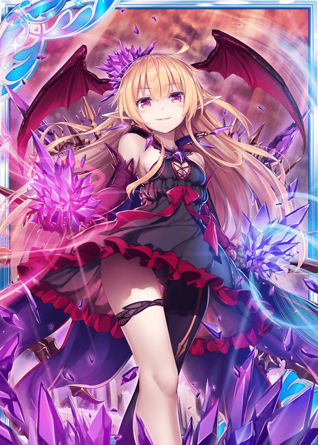 akkijin bare_shoulders bat_wings black_dress blonde_hair breasts card_(medium) crystal demon_girl demon_wings dress elbow_gloves elf frilled_dress frills gloves glowing glowing_crystal hair_ornament jewelry looking_at_viewer official_art pointy_ears red_eyes red_gloves red_ribbon red_sky ribbon shinkai_no_valkyrie short_dress sky small_breasts wings