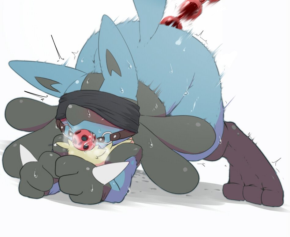 3_toes all_fours ambiguous_gender anal anal_beads anal_penetration anthro ass_up ball_gag black_fur black_paws blindfold blue_fur blush breath breathable_gag canine ears_up fur gag gagged huff kimubota lucario mammal nintendo nude penetration pok&eacute;mon pok&eacute;mon_(species) raised_tail sex_toy shaking simple_background solo sweat toes video_games white_background