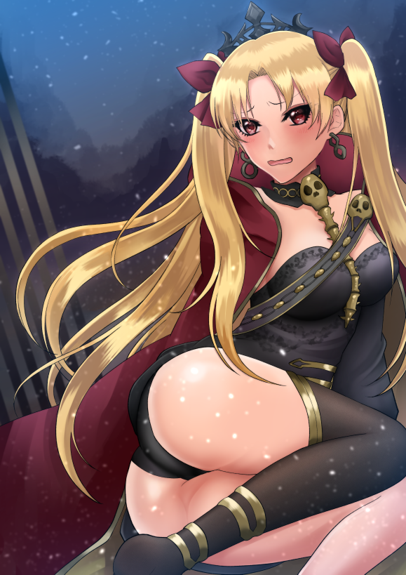 1girl artist_request ass blonde_hair blush breasts cape crown dress embarrassed ereshkigal_(fate/grand_order) fate/grand_order fate_(series) hair_ribbon long_hair looking_at_viewer open_mouth panties red_eyes ribbon shiny shiny_hair shiny_skin short_dress single_thighhigh solo thighhighs tohsaka_rin two_side_up underwear wavy_mouth