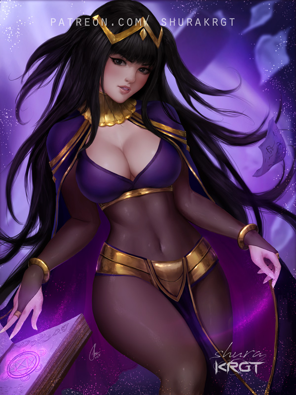 artist_name bangle bangs black_hair blunt_bangs blush bodystocking bodysuit book bracelet breasts bridal_gauntlets cape circlet cleavage commentary covered_navel english_commentary fire_emblem fire_emblem:_kakusei fire_emblem_heroes gold_trim jewelry large_breasts light_particles lips looking_at_viewer magic narrow_waist navel nose parted_lips patreon_username realistic see-through shurakrgt skin_tight tharja tiara two_side_up watermark web_address wide_hips