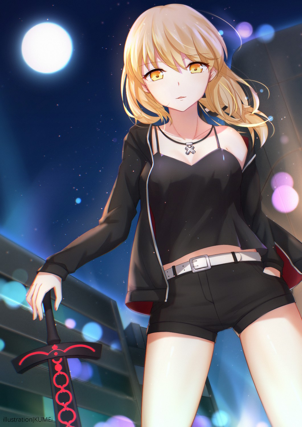 artist_name artoria_pendragon_(all) belt black_jacket black_ribbon black_shirt black_shorts blonde_hair collarbone dark_excalibur eyebrows_visible_through_hair fate/grand_order fate_(series) floating_hair from_below full_moon hair_between_eyes hair_ribbon hand_in_pocket hand_on_hilt highres jacket jewelry kumei lens_flare long_hair looking_at_viewer moon necklace night off_shoulder open_clothes open_jacket outdoors parted_lips ponytail ribbon saber_alter shirt short_shorts shorts sky sleeveless sleeveless_shirt solo standing star_(sky) starry_sky yellow_eyes