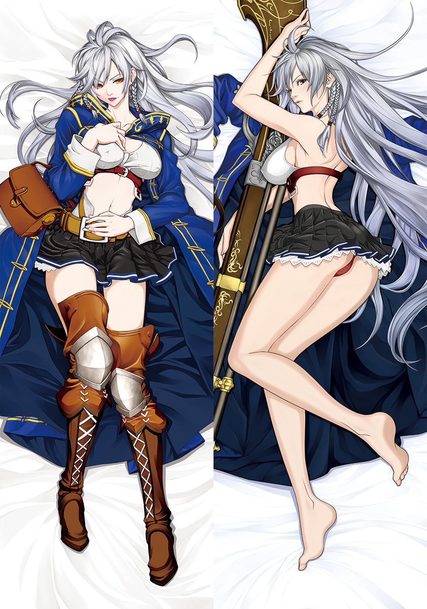 ahoge armor ass barefoot bed_sheet belt blue_cloak blue_jacket boots braid breasts cleavage commentary_request covered_nipples crop_top dakimakura fenrir_(fenlil0316) granblue_fantasy gun hair_between_eyes highres holding holding_weapon jacket large_breasts legs long_hair lying midriff miniskirt navel on_back on_side pink_lips pouch rifle sideboob silva_(granblue_fantasy) silver_hair skirt thigh_boots thighhighs thighs twin_braids very_long_hair wavy_hair weapon yellow_eyes