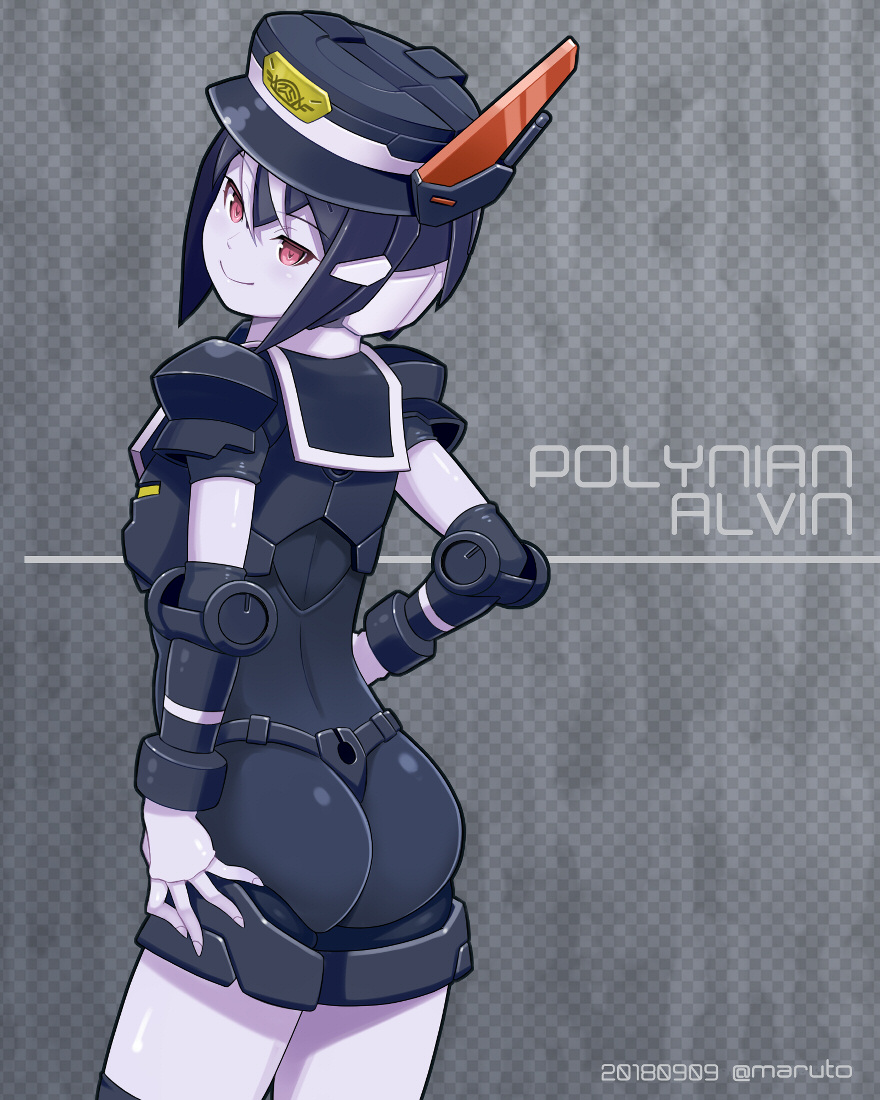 alvin_(polynian) ass character_request closed_mouth commentary_request copyright_name cowboy_shot dated from_behind hat looking_at_viewer looking_back maruto! pink_skin red_eyes robot robot_neoanthropinae_polynian short_hair smile solo standing twitter_username