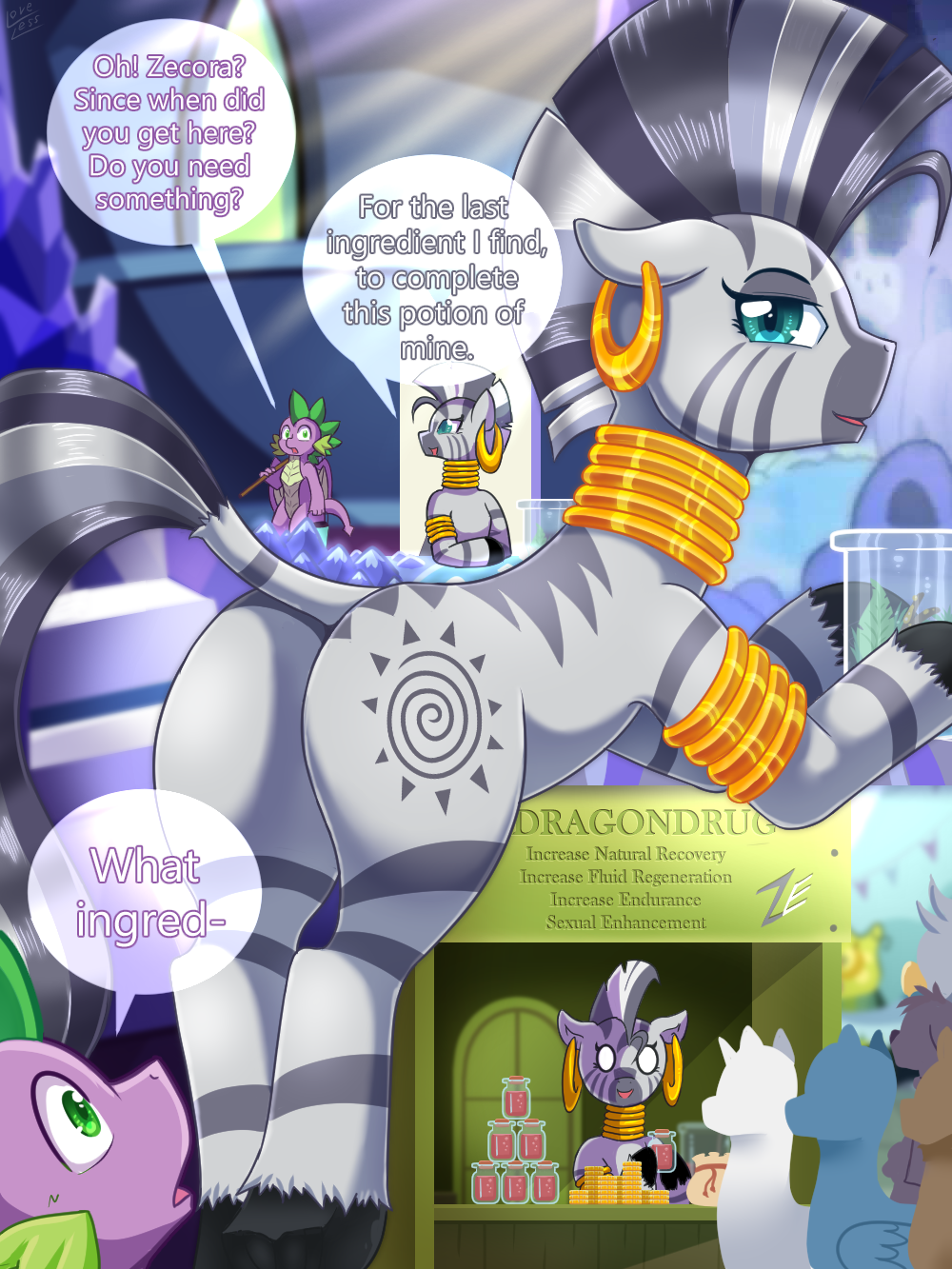 blood claws comic cutie_mark detailed_background dialogue dragon ear_piercing english_text equine eyebrows eyelashes featureless_crotch female feral friendship_is_magic fur green_eyes hooves male mammal my_little_pony nosebleed piercing rhyme scalie smile spade_tail speech_bubble spike_(mlp) stripes text vavacung wings zebra zecora_(mlp)