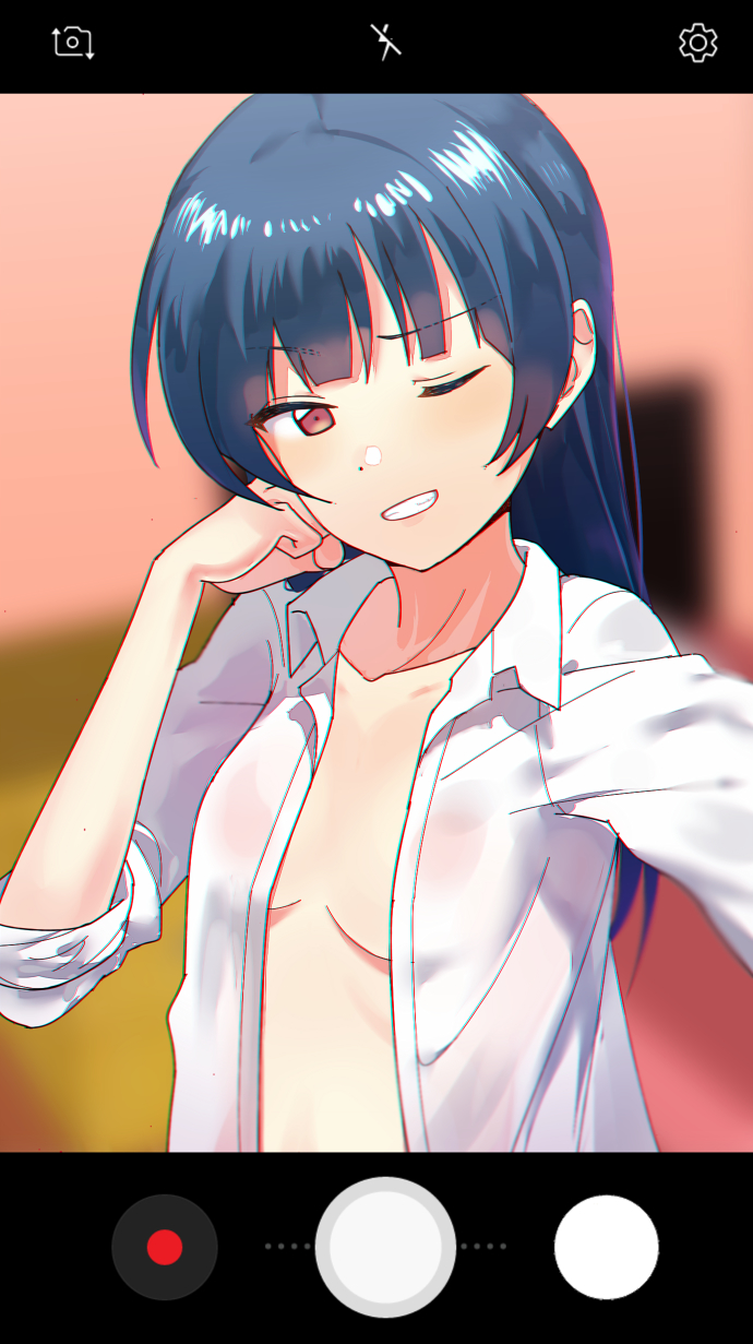 bangs blue_hair blurry blurry_background breasts chromatic_aberration clenched_hand collarbone eyebrows_visible_through_hair grin hand_on_own_cheek highres long_hair looking_at_viewer love_live! love_live!_sunshine!! no_bra one_eye_closed open_clothes open_shirt phone_screen purple_eyes reaching_out self_shot sellel shirt sleeves_rolled_up small_breasts smile solo tsushima_yoshiko upper_body white_shirt