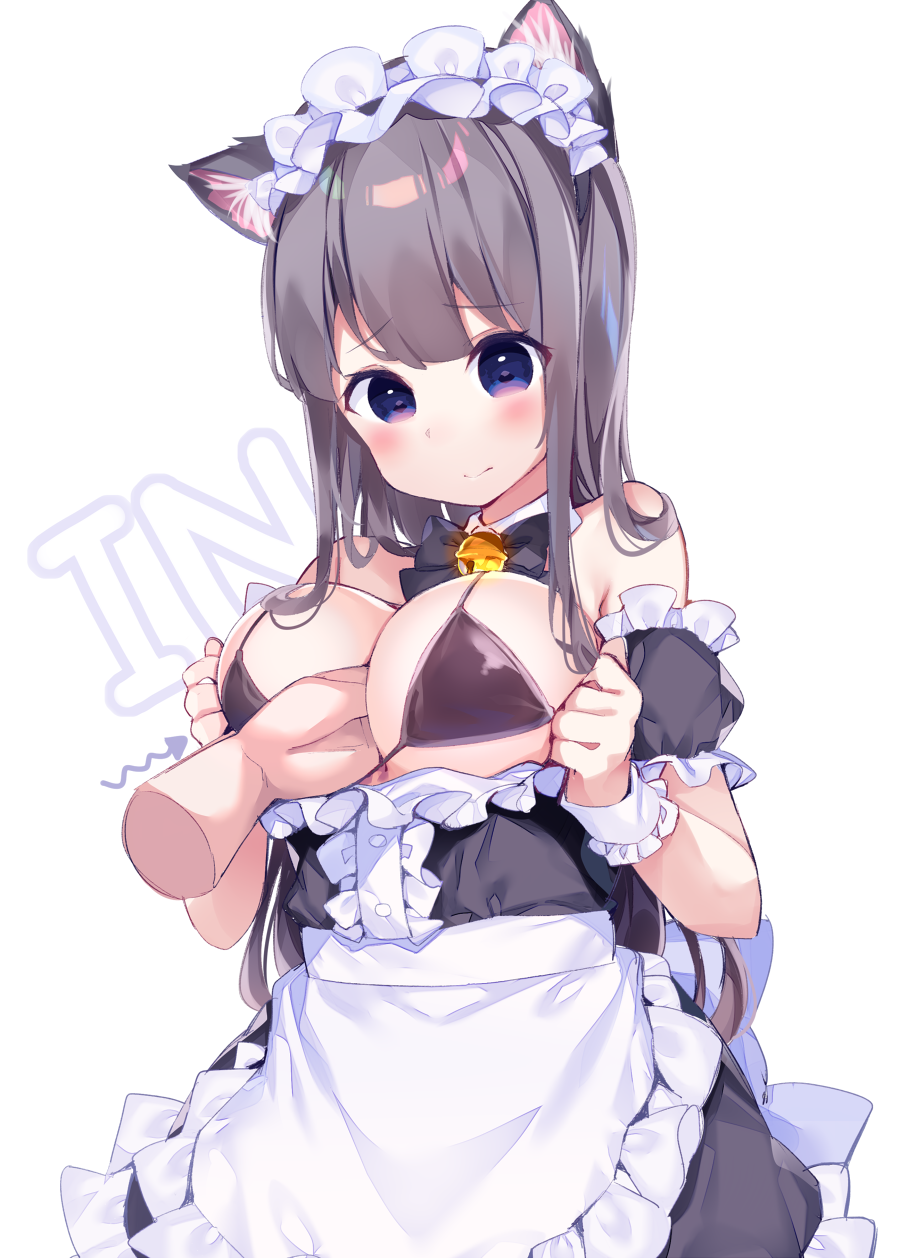 animal_ear_fluff animal_ears apron bangs bare_shoulders bell between_breasts bikini_top black_bow black_dress black_hairband blush bow breasts brown_bikini_top brown_hair cat_ears chikuwa. cleavage closed_mouth commentary_request detached_collar detached_sleeves disembodied_limb dress dress_pull eyebrows_visible_through_hair frilled_apron frilled_hairband frills hairband highres jingle_bell large_breasts long_hair original puffy_short_sleeves puffy_sleeves purple_eyes short_sleeves simple_background solo_focus strapless strapless_dress waist_apron white_apron white_background white_collar