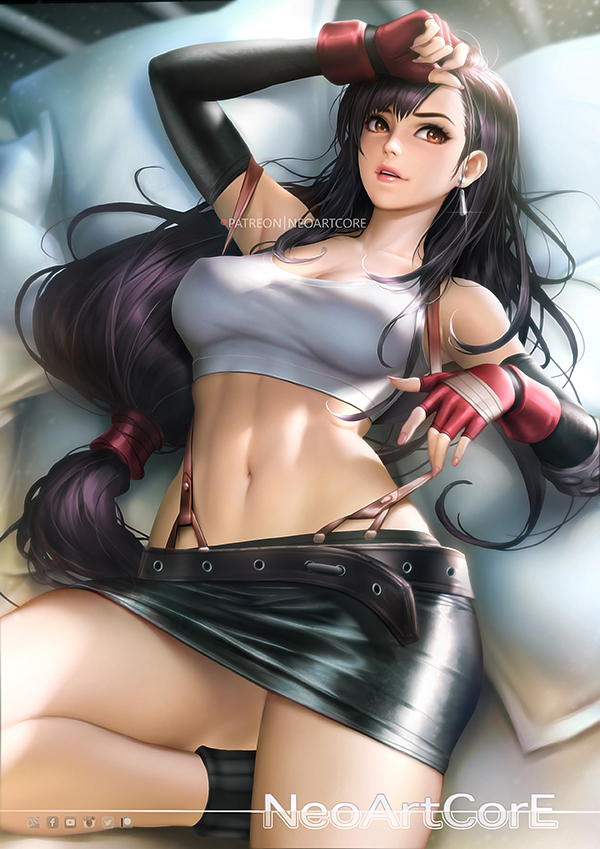bare_shoulders black_hair breasts cleavage earrings elbow_gloves final_fantasy final_fantasy_vii fingerless_gloves gloves jewelry long_hair lying medium_breasts midriff navel nudtawut_thongmai parted_lips red_eyes signature skirt solo stomach suspenders thick_thighs thighs tifa_lockhart very_long_hair