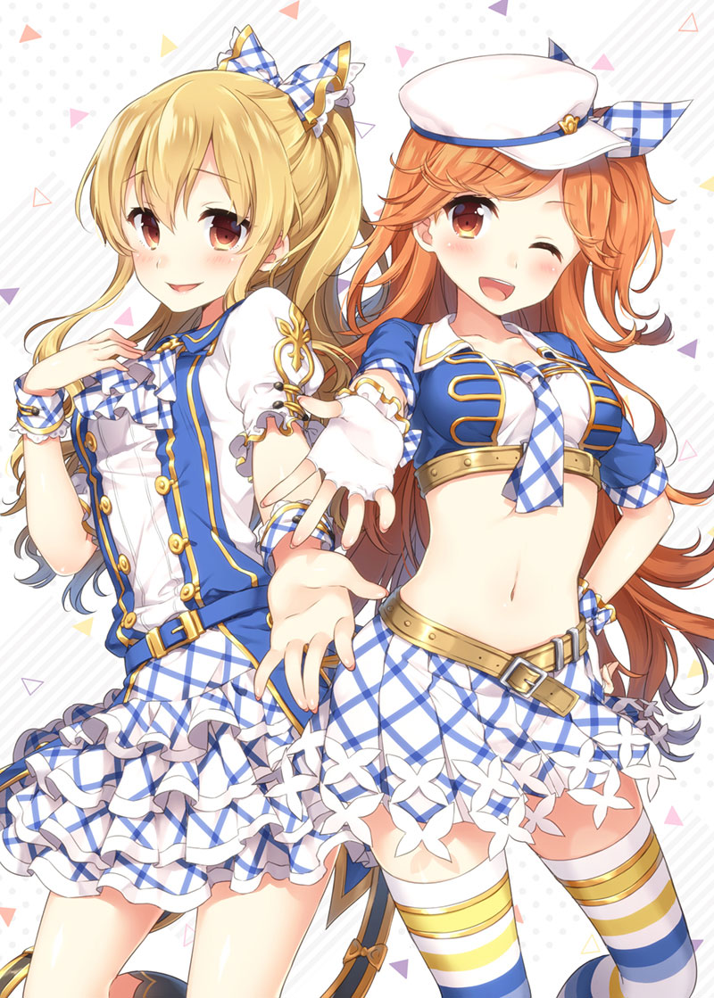 ;d ascot bangs black_legwear blonde_hair blue_shirt blush bow breasts brown_hair collarbone collared_shirt crop_top double-breasted eyebrows_visible_through_hair fingerless_gloves gloves gold_trim granblue_fantasy hair_between_eyes hair_bow hair_ribbon hand_on_hip hat head_tilt kneehighs layered_skirt long_hair looking_at_viewer mary_(granblue_fantasy) masuishi_kinoto matching_outfit medium_breasts midriff multicolored multicolored_stripes multiple_girls navel one_eye_closed open_mouth outstretched_arm outstretched_hand parted_lips peaked_cap plaid plaid_bow plaid_neckwear plaid_ribbon plaid_skirt pleated_skirt puffy_short_sleeves puffy_sleeves reaching_out red_eyes ribbon shirt short_sleeves skirt smile striped striped_legwear thighhighs very_long_hair vira_lilie white_bow white_gloves white_hat white_neckwear white_ribbon white_shirt white_skirt