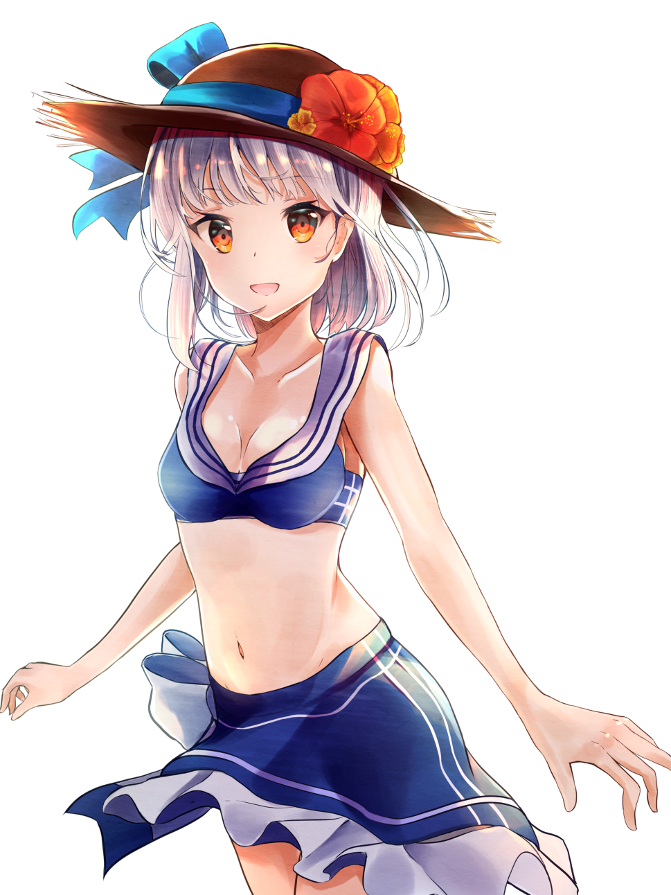 :d blue_bikini_top blue_ribbon blue_skirt breasts brown_hat cleavage collarbone cowboy_shot flower fuyukeu hat hat_flower hat_ribbon hibiscus highres looking_at_viewer medium_breasts miniskirt navel open_mouth orange_eyes original red_flower ribbon shiny shiny_hair sideboob silver_hair simple_background skirt smile solo standing straw_hat sun_hat white_background