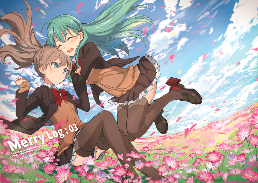 ^_^ ^o^ arm_grab blue_eyes blue_sky blush bow bowtie brown_cardigan brown_footwear brown_hair brown_jacket brown_legwear brown_skirt brown_sweater cardigan character_name closed_eyes cloud copyright_name cosmos_(flower) day field floating flower flower_field green_hair hair_between_eyes jacket kantai_collection kumano_(kantai_collection) long_hair long_sleeves miniskirt multiple_girls open_mouth outdoors parted_lips petals pink_flower pleated_skirt ponytail red_bow remodel_(kantai_collection) skirt sky smile suzuya_(kantai_collection) sweater thighhighs ume_(plumblossom) watermark web_address wind yuri