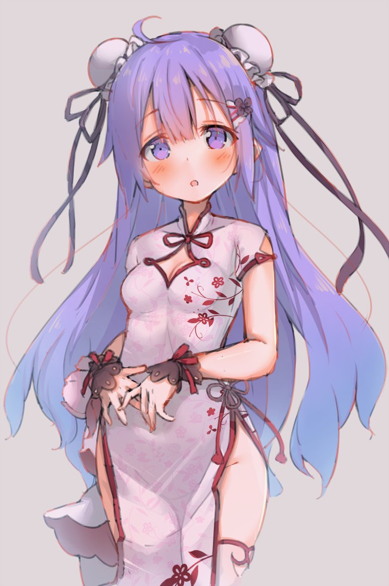 azur_lane bare_arms bare_hips black_ribbon breasts bun_cover china_dress chinese_clothes cleavage cleavage_cutout commentary disconnected_mouth double_bun dress eip_(pepai) floral_print flower_knot gradient_hair hair_ribbon half-closed_eyes head_tilt high_collar long_hair looking_at_viewer multicolored_hair pelvic_curtain print_dress purple_eyes purple_hair ribbon short_sleeves small_breasts standing symbol_commentary tassel unicorn_(azur_lane) very_long_hair white_dress wrist_cuffs
