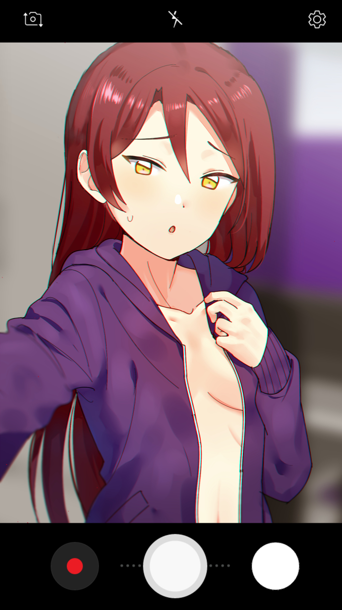 :o blurry blurry_background breasts chromatic_aberration collarbone hand_on_own_chest highres jacket long_hair long_sleeves looking_at_viewer love_live! love_live!_sunshine!! no_shirt open_clothes open_jacket phone_screen purple_jacket reaching_out red_hair sakurauchi_riko self_shot sellel small_breasts solo sweatdrop upper_body yellow_eyes