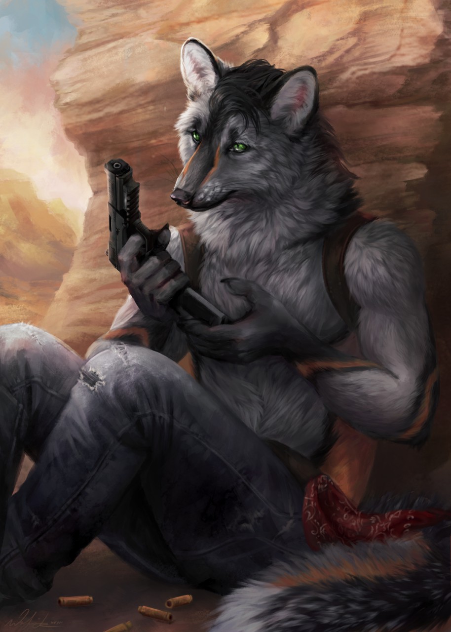 2018 5_fingers anthro black_hair black_nose canine day detailed_background digital_media_(artwork) fur green_eyes grey_fur gun hair holding_object holding_weapon male mammal outside ranged_weapon solo weapon wolf wolnir